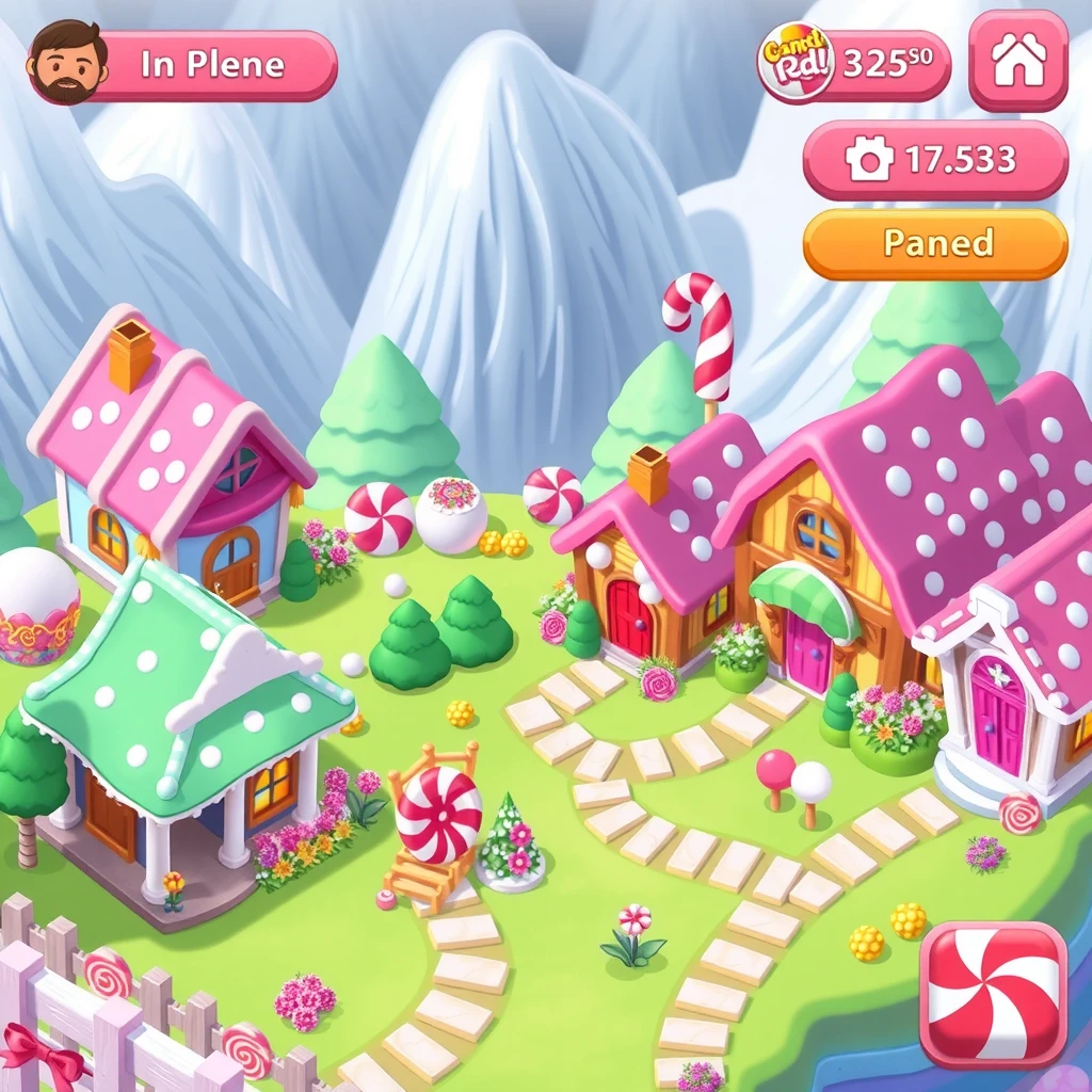Player's candy town creation with colorful houses and decorations