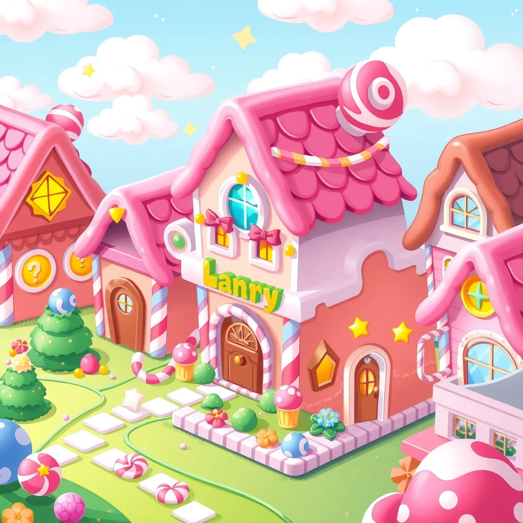 Candy town building interface with colorful candy houses and decorations