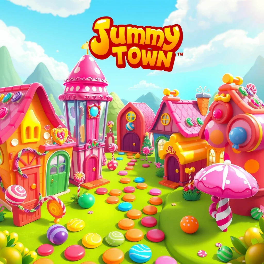 Player's jelly-themed town with translucent buildings and vibrant colors