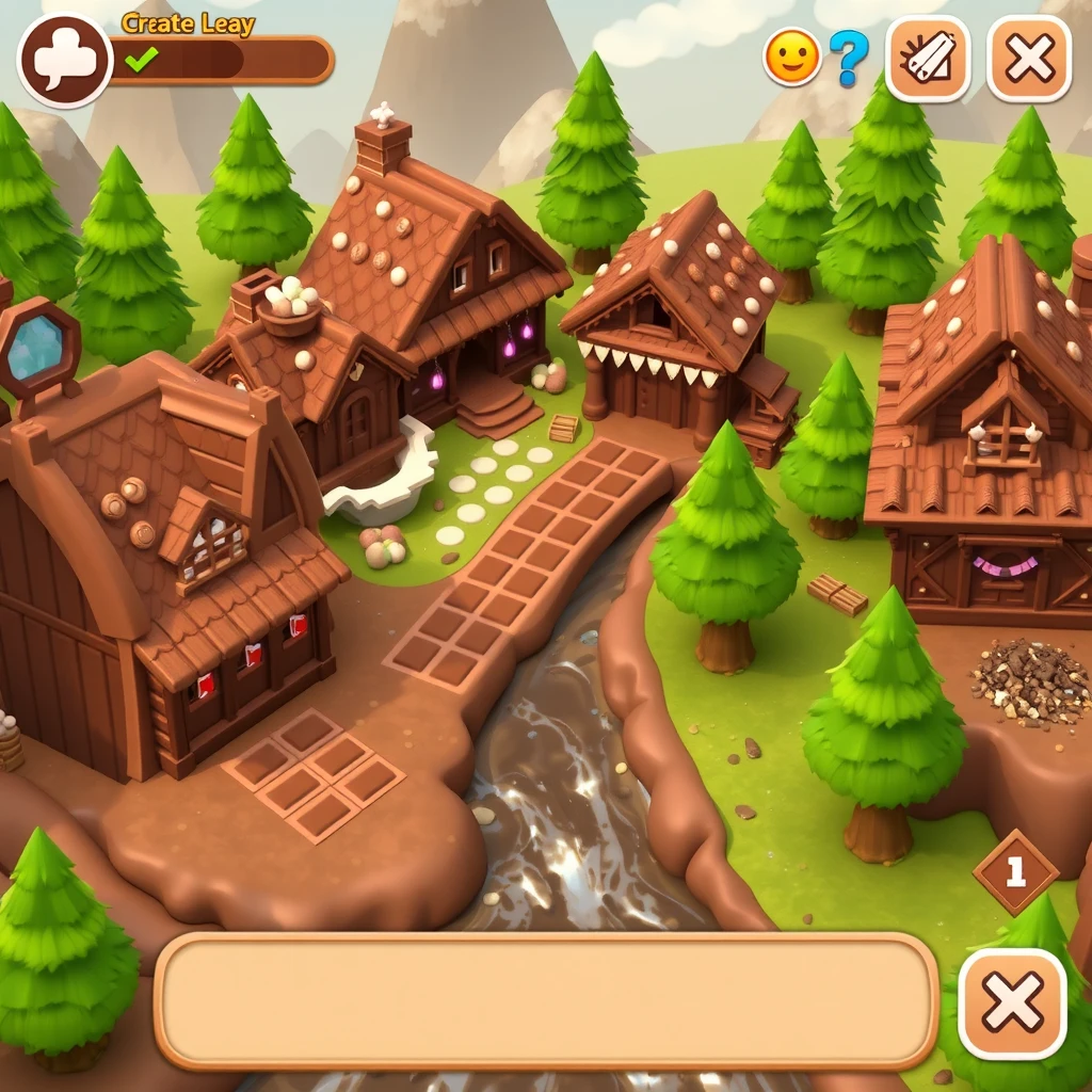 Player's chocolate-themed candy town with flowing chocolate rivers